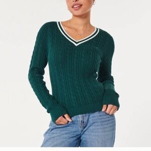 Hollister Hunter Green L Preppy Cable Knit Sweater VNeck Varsity Tennis Academia